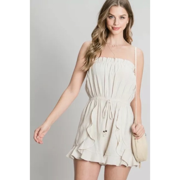 Natural Linen Strapless Tube Ruffle Romper - Picture 2 of 6